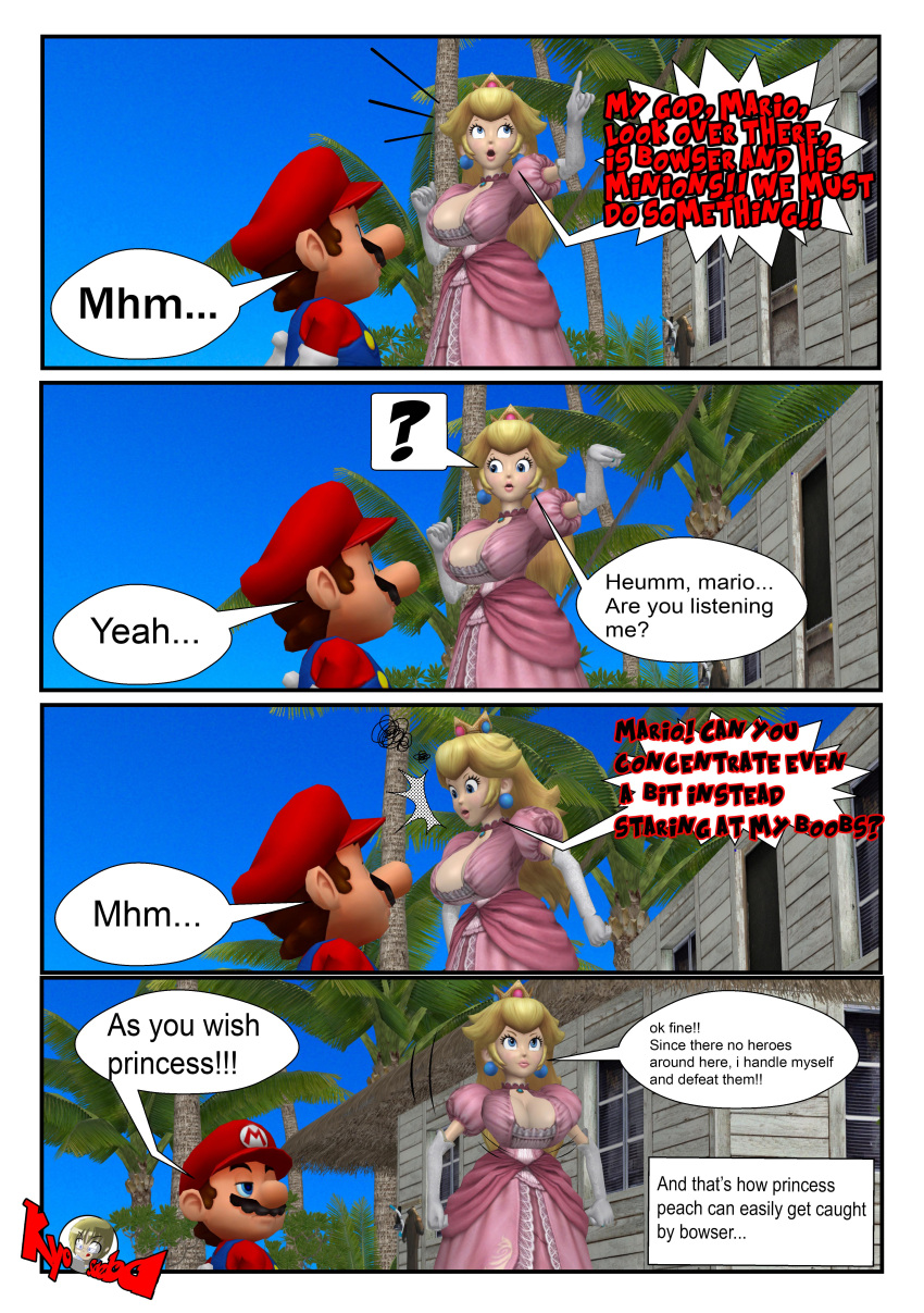 1boy 1girls 3d 4koma absurdres alternate_breast_size annoyed big_breasts blonde_hair blue_eyes blush breasts brown_hair busty cleavage_cutout clothing_cutout comic distracted dress english_text facial_hair female gloves highres kyosaeba large_breasts lipstick long_hair looking_at_breasts makeup male mario mario_(series) moustache nintendo open_mouth overalls pink_lips princess princess_peach smile super_smash_bros. voluptuous