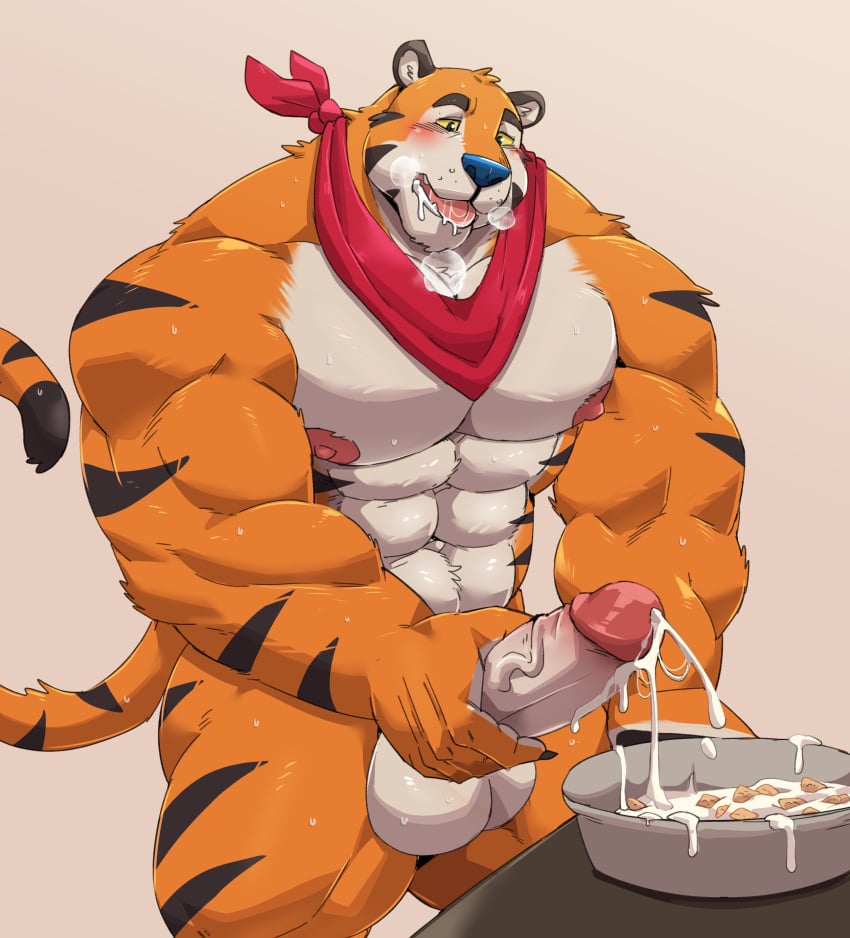 5_fingers abs absurdres anthro athletic biceps big_muscles blue_nose bodily_fluids bowl breath cereal cereal_bowl chest_tuft claws container cum cum_in_bowl cum_in_mouth cum_inside felid feline fingers food frosted_flakes fur furry genital_fluids genitals hairy highres humanoid_genitalia humanoid_penis jumperbear kellogg's leaning leaning_forward leg_muscles looking_down male male_only mammal markings mascot masturbation muscular muscular_anthro muscular_male neckwear nipples orange_body orange_fur orange_hair pantherine pecs penis saliva simple_background solo striped_body striped_fur striped_markings striped_tail stripes sweat tail_markings tail_tuft tiger tony_the_tiger tuft vein yellow_eyes yellow_sclera