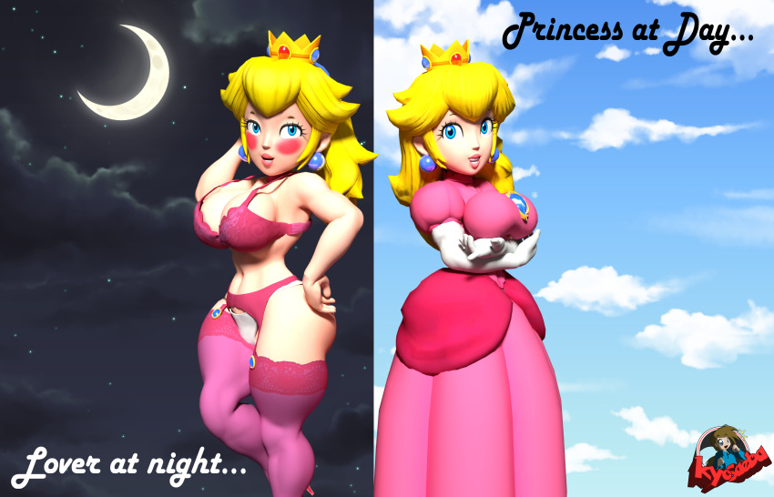 1girls 3d big_breasts blonde_hair blue_eyes blush bra breasts busty cleavage crossed_arms female female_only hand_on_hip highres kyosaeba large_breasts legs lingerie lipstick long_hair looking_at_viewer makeup mario_(series) navel nintendo panties pink_bra ponytail pose princess princess_peach smile solo thick_thighs thighs underwear