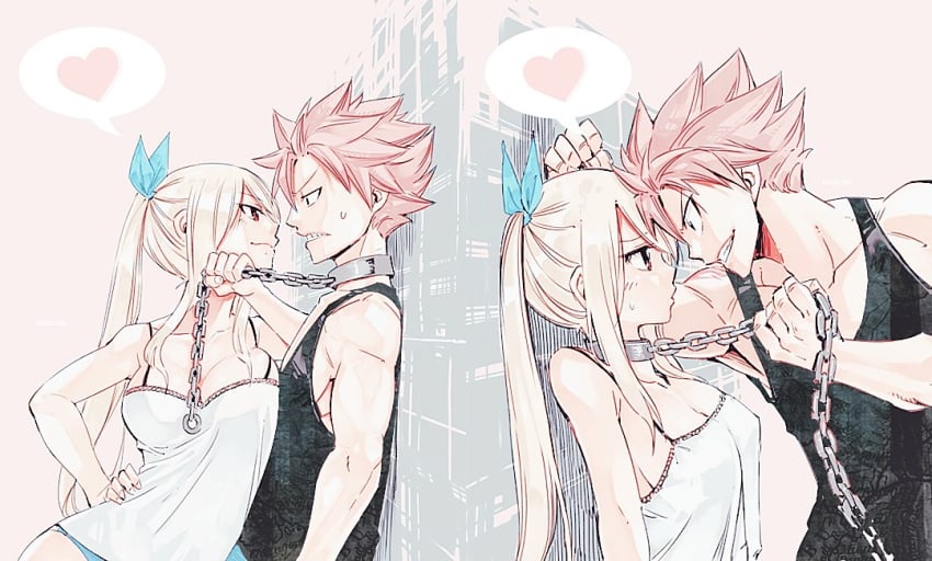 1boy 1boy1girl 1girls assertive big_breasts blonde_hair breast_press busty chain_leash chains cleavage collar dom/sub dominated domination eye_contact fairy_tail female femdom femsub good_boy good_girl hiro_mashima kabedon large_breasts leash leash_pull lucy_heartfilia male male/female maledom metal_collar muscular muscular_male natsu_dragneel pink_hair ponytail side_view sideboob straight submissive switch switching_places tank_top