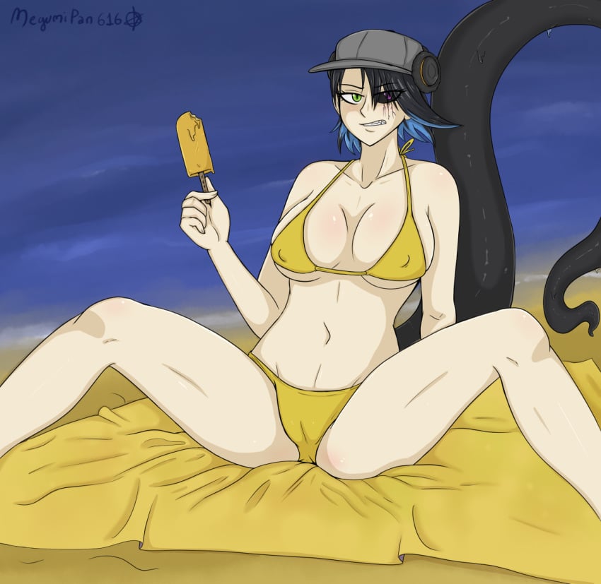 1girls annoyed annoyed_expression arknights asbestos_(arknights) beach belly belly_button big_breasts bikini black_hair black_sclera blue_hair blush breasts cameltoe clenched_teeth commission digital_media_(artwork) female female_only green_eyes hair_over_one_eye hat heterochromia huge_breasts human ice_cream large_breasts light-skinned_female light_skin looking_at_viewer megumipan616 midriff nipple_bulge nipples ocean pink_eyes salamander_girl salamander_tail sand sea sharp_teeth short_hair sitting solo solo_female spread_legs stomach tail towel two_tone_hair voluptuous vulva yellow_bikini