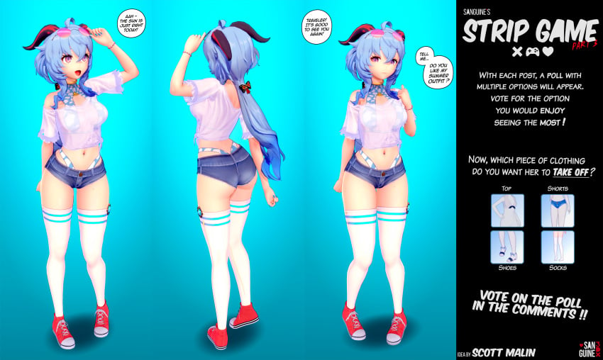 3d anime_style big_breasts big_thighs blue_hair busty dialogue dialogue_bubble ganyu_(genshin_impact) genshin_impact horn horns hot_pants hotpants koikatsu long_hair looking_at_viewer plain_background purple_eyes sanguine3dx shorts smile smiling sneakers speech_bubble strip_game sunglasses_on_head thighhighs thighs transparent_clothing wide_hips