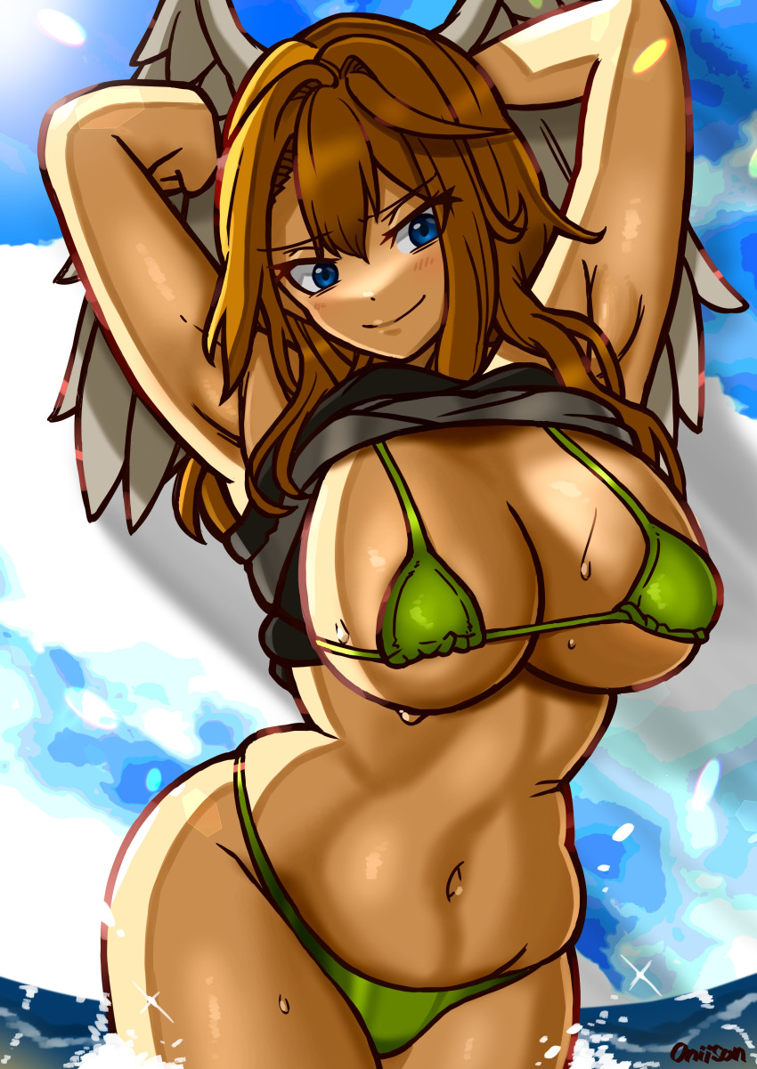 1girls absurdres angel_wings armpits arms_behind_head artist_name beach big_breasts bikini blue_eyes breasts brown_hair busty cleavage clothes_lift eunie_(xenoblade) green_bikini highres large_breasts legs navel ocean oniisan02b pose posing sensual shirt_lift smile solo swimsuit thick_thighs thighs underboob voluptuous water wet wings xenoblade_(series) xenoblade_chronicles_3 yotsuhauni