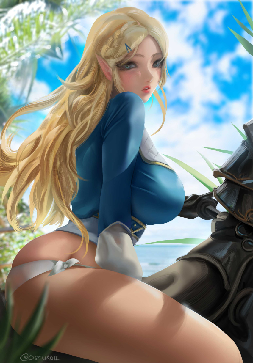 1girls artist_name artist_signature ass big_breasts blonde_hair blue_eyes blush blushing_profusely breasts breath_of_the_wild clothing curvy day detailed_background eye_contact female female_focus female_only fully_clothed horseback_riding hylian hylian_ears large_breasts light-skinned_female light_skin long_ears long_hair looking_at_viewer nintendo oscuroii outdoors outside pale_skin panties pointy_ears pov_eye_contact princess_zelda realistic riding_horse sideboob sitting sitting_down solo solo_female solo_focus tagme the_legend_of_zelda thick_thighs thighs twitter_username underwear voluptuous white_panties white_underwear zelda_(breath_of_the_wild)