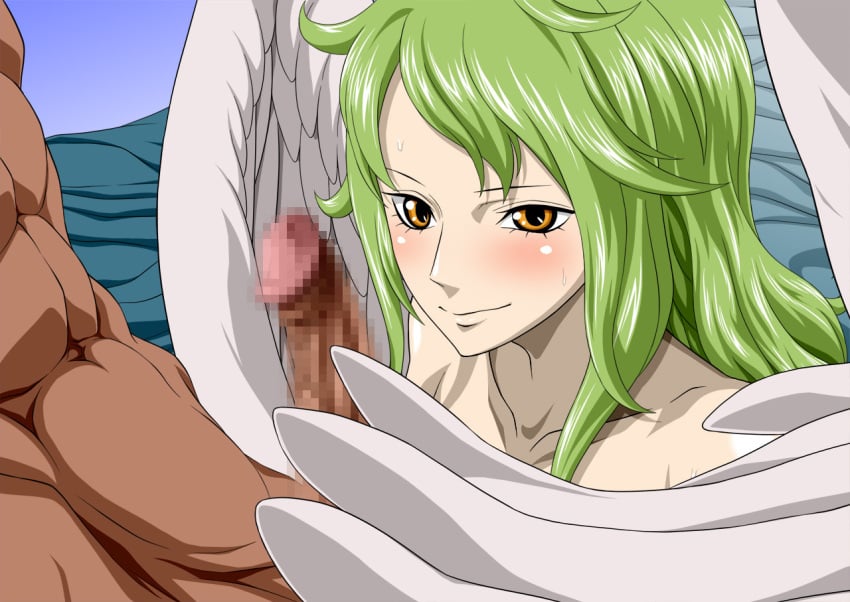 big_breasts breasts censored dark-skinned_male female female_focus green_hair male monet_(one_piece) naked nel-zel_formula one_piece orange_eyes tagme unseen_male_face