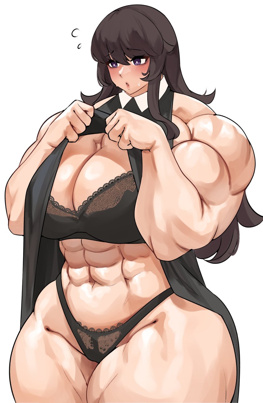 abs biceps big_breasts bra curvy cute dark_hair dress dress_lift embarrassed hourglass_figure long_hair musctonk muscular muscular_arms muscular_female original pale-skinned_female panties thick_thighs