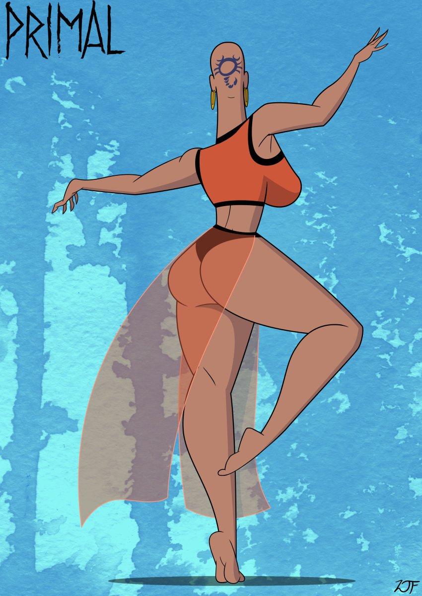 1girls bald bald_female belly_dancer big_ass big_breasts branding_mark cel_shading clothing dancing dark-skinned_female dark_skin earrings female female_only from_behind human mira_(primal) pinup primal_(series) rustysh4ckl3ford shaded simple_shading smile thick_thighs