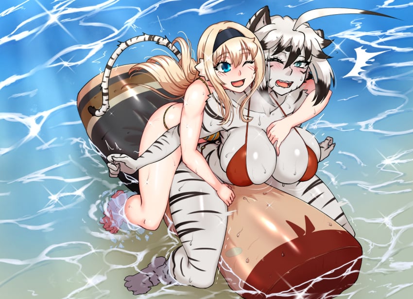 bikini blue_eyes blush born_of_itheriont breasts cat_ears cat_humanoid cat_tail catgirl feline feline_humanoid female female/female female_focus female_only floatie groping_from_behind hair human humanoid kawa-v leiko_stauss miia_disain monster_girl summer tagme tiger tiger_ears tiger_girl tiger_humanoid tiger_stripes water white_fur white_hair