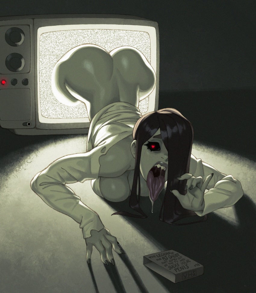 1girls 2022 ass athletic_female big_ass big_breasts breasts curvaceous electronics female female_only ghost ghost_girl heart-shaped_pupils huge_ass huge_breasts long_tongue nightmare_waifu open_mouth rizdraws saliva solo television the_ring tongue tongue_out wide_hips yamamura_sadako