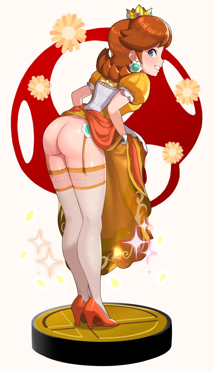 1girls absurd_res amiibo ass ass_focus big_ass dress dress_lift female female_only flashing fully_clothed garter_straps high_heels inviting inviting_to_sex looking_at_viewer looking_back mario_(series) nintendo no_panties no_underwear orange_hair presenting presenting_hindquarters princess_daisy revealing_clothes royalty sarukaiwolf short_hair smiling smiling_at_viewer solo solo_female spankable stockings super_smash_bros. thick_thighs thighhighs third-party_edit