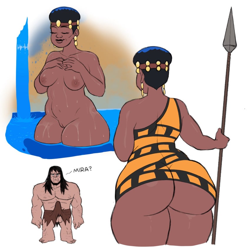 1boy 1girls 2022 absurd_res amara_(primal) ass balls bathing bbw big_ass big_breasts black_hair breasts bulge chubby chubby_female cleft_of_venus dark-skinned_female dark_skin erection erection_under_loincloth hi_res human innie_pussy milf neanderthal penis primal_(series) pussy rear_view spear spear_(primal) thick_thighs wet wide_hips zigzaglewds