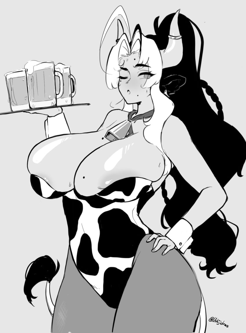 1girls big_breasts blanca_(ushiji) cow_ears cow_girl cow_horns cow_print curvy dark_hair female greyscale hand_on_hip huge_breasts leotard looking_at_viewer mature_female mole_on_breast multicolored_hair original ushiji waitress