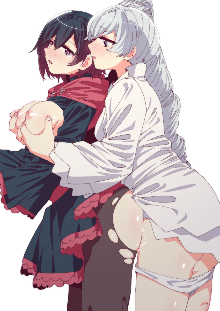 1futa 1girls against_wall areolae balls black_hair breasts clothed clothing duo female futa_on_female futanari hahahawo hand_on_breast human light-skinned_female light-skinned_futanari light_skin long_hair medium_breasts mostly_clothed nipples pantyhose penis romantic ruby_rose rwby sex short_hair standing torn_leggings vaginal_penetration weiss_schnee white_hair