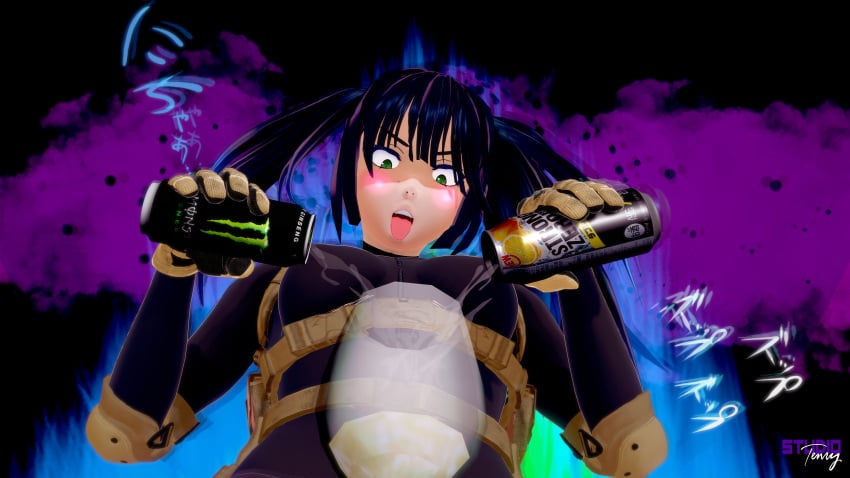 3d_(artwork) 3dcg alcohol beer blush bodysuit drunk elbow_pads energy_drink fangs flushed_face gloves green_eyes highres intoxicated mixing_liquids monster_energy monster_energy_drink open_mouth operator_(studiotenry) pouring strong_zero studiotenry tactical_gear tactical_gloves tongue_out twintails