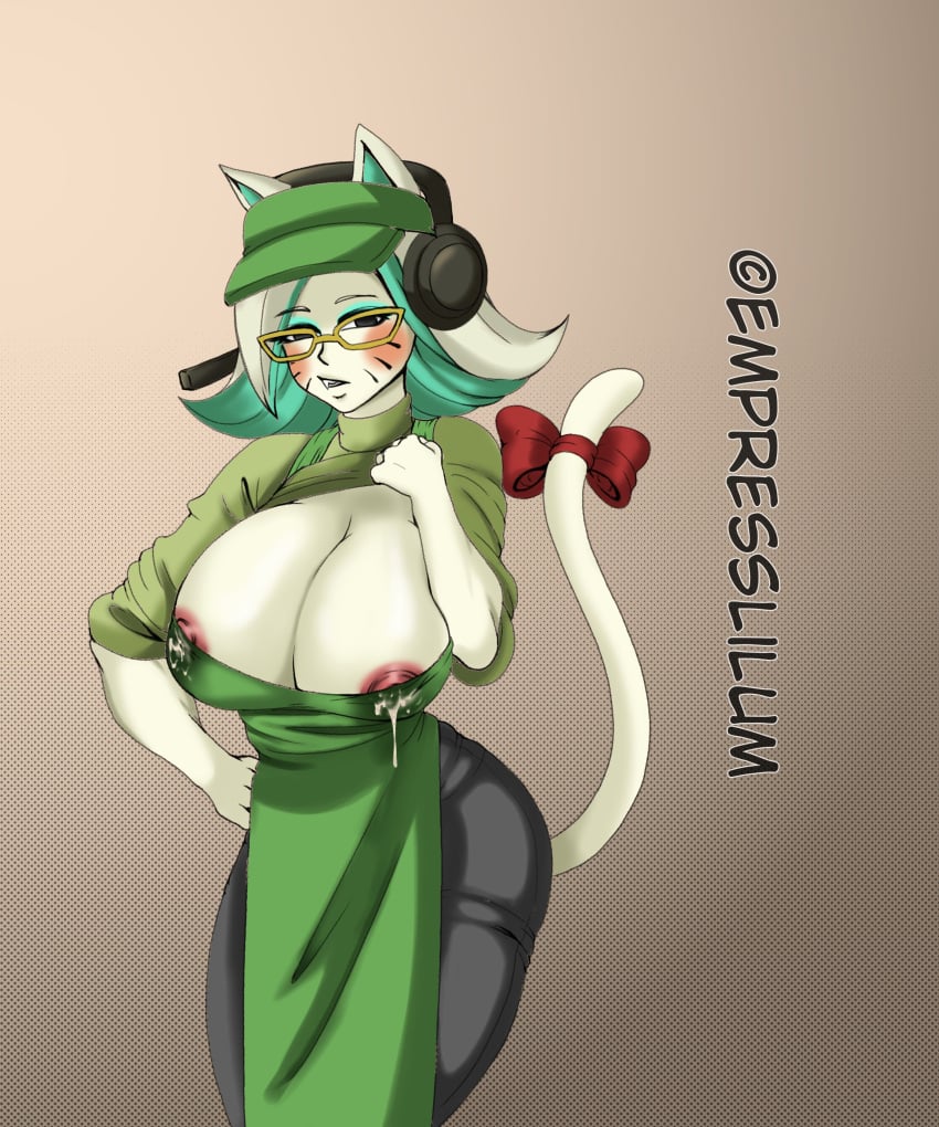 absurd_res anthro big_breasts blue_hair bodily_fluids breast_milking breasts clothed clothing domestic_cat empresslilum eyewear felid feline felis female female_only glasses hair hat headgear headwear hi_res huge_breasts i_mean_breast_milk karen_(smg4) lactating lactation mammal meme milk nipples smg4 solo white_body white_hair work_uniform