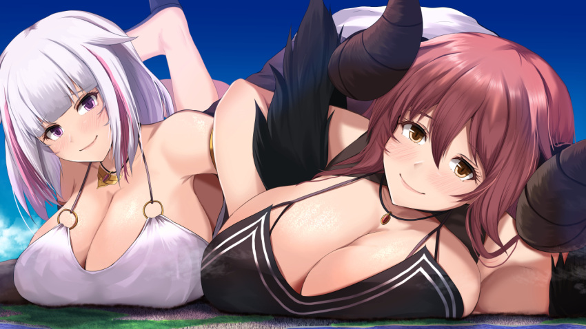 2girls blush breast_crush breasts city cleavage demon_girl female female_only giantess goddess horns huge_breasts kanzaki_kureha looking_at_viewer two_tone_hair