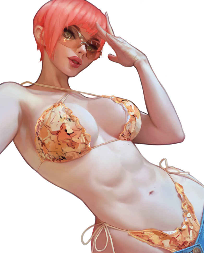 art bikini bikini_top breasts busty criss-cross_halter fanart female_only jeans jenna_lynn_meowri lips meowri neesorin orange_hair pale_skin plump_lips real_person short_hair side-tie_bikini skindentation solo solo_female sunglasses swimsuit_under_clothes tinted_eyewear toned upper_body very_short_hair white_background white_hair