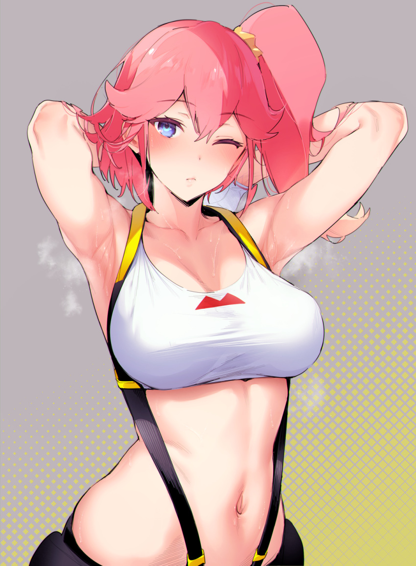 1girls aina_ardebit armpits arms_up blush female female_only hizuki_akira light-skinned_female light_skin pink_hair promare sexy_armpits solo sports_bra sweat sweaty toned