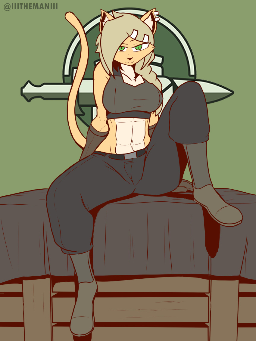 blonde_hair boots bra bridge_(the_man) clothed colonial_infantry foxhole:_persistant_online_warfare furry green_eyes jeans muscular muscular_female sitting smug the_man