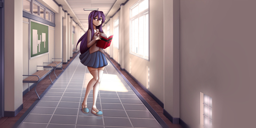 blue_skirt book doki_doki_literature_club first_panel hallway holding_book holding_object looking_at_viewer metachoke panel purple_eyes purple_hair school_uniform skirt standing uniform yuri_(doki_doki_literature_club)