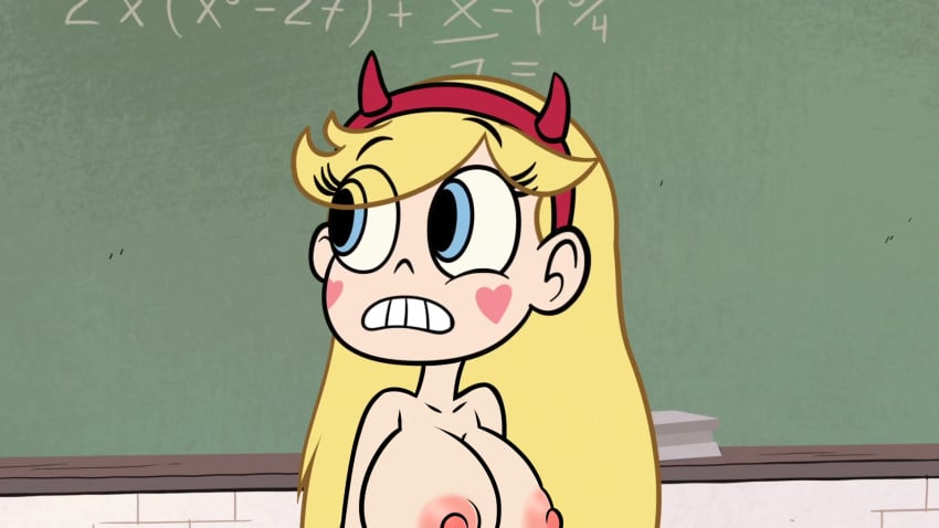 big_nipples blackboard blonde_hair blue_eyes casual chalkboard edit eyebrows_visible_through_hair female headband heart_cheeks huge_breasts human large_breasts long_hair pale_skin public screenshot_edit star_butterfly star_vs_the_forces_of_evil steca thelazyart