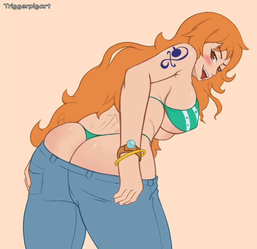 1girls ass bikini blush female female_only heart-shaped_pupils jeans long_hair looking_back nami one_piece orange_hair pants_down post-timeskip solo striped_bikini tattoo triggerpigart undressing whale_tail