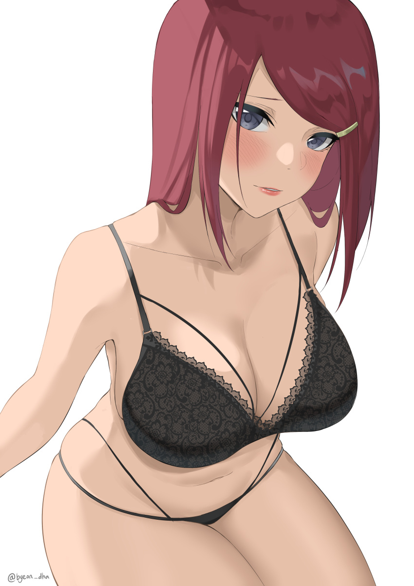 1girls absurdres black_bra black_panties blue_eyes blush bra breasts byeon_dha cleavage collarbone hair_ornament hairclip highres intimate_distance lace lace-trimmed_bra lace_trim large_breasts lips long_hair looking_at_viewer mature_female naruto naruto_(series) naruto_shippuden panties parted_lips raised_eyebrows red_hair simple_background sitting solo thick_thighs twitter_username underwear underwear_only uzumaki_kushina white_background