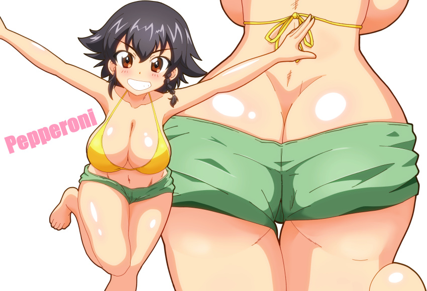 ass ass_cleavage backboob bikini bikini_shorts black_hair blush breasts brown_eyes butt_crack character_name cleavage female girls_und_panzer gogopaint green_shorts grin highres large_breasts looking_at_viewer multiple_views navel pepperoni_(girls_und_panzer) shiny shiny_skin shorts simple_background smile solo swimsuit white_background yellow_bikini