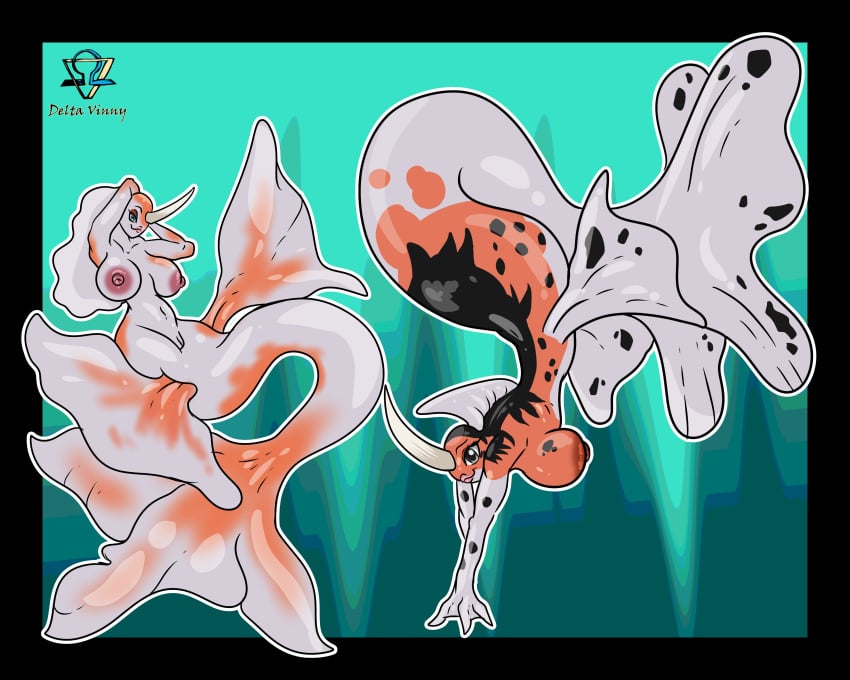 2girls anthro anthro_only anthrofied background breasts deltavinny female fish game_freak glistening_body goldeen hips lips mermaid multiple_girls pokémon_(species) pokemon pokemon_rgby seaking thick underwater waist