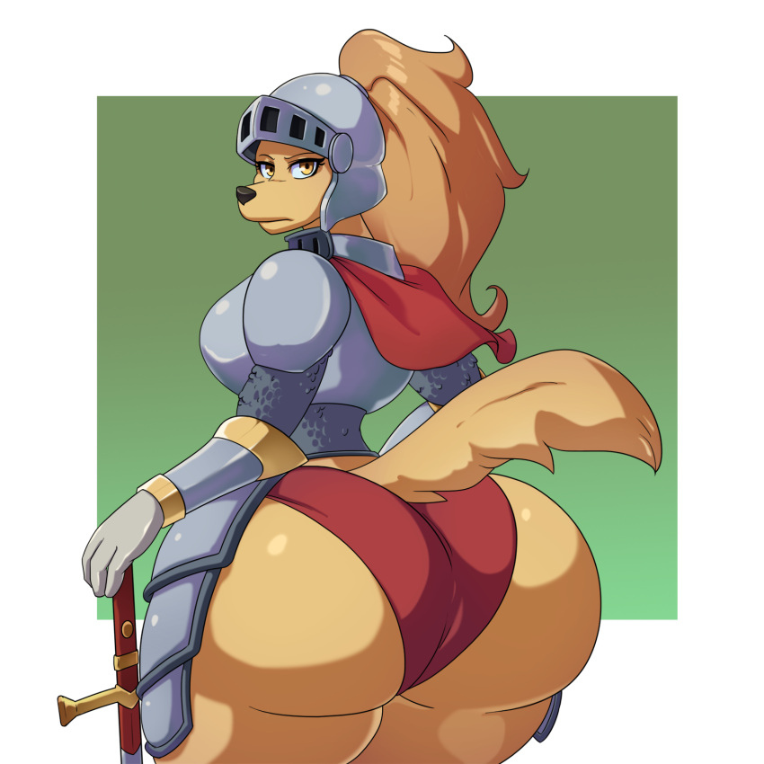 alternate_version_at_source amelia_steelheart anthro armor ass big_breasts big_butt breasts brown_hair canid canine canis clothing domestic_dog female female_knight hair headgear helmet hi_res huge_butt knight looking_at_viewer looking_back mammal melee_weapon panties ponytail solo spiralingstaircase sword tan_body thick_thighs underwear weapon wide_hips yellow_eyes