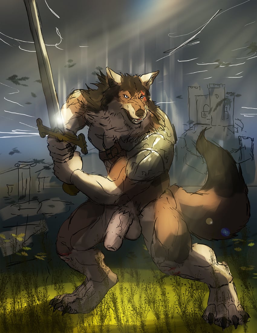 anthro armor balls big_penis bullstorm canid canine canis claws foreskin genitals hi_res humanoid_genitalia humanoid_penis male mammal melee_weapon muscular muscular_anthro muscular_male penis scar solo sword weapon were werecanid werecanine werewolf wolf