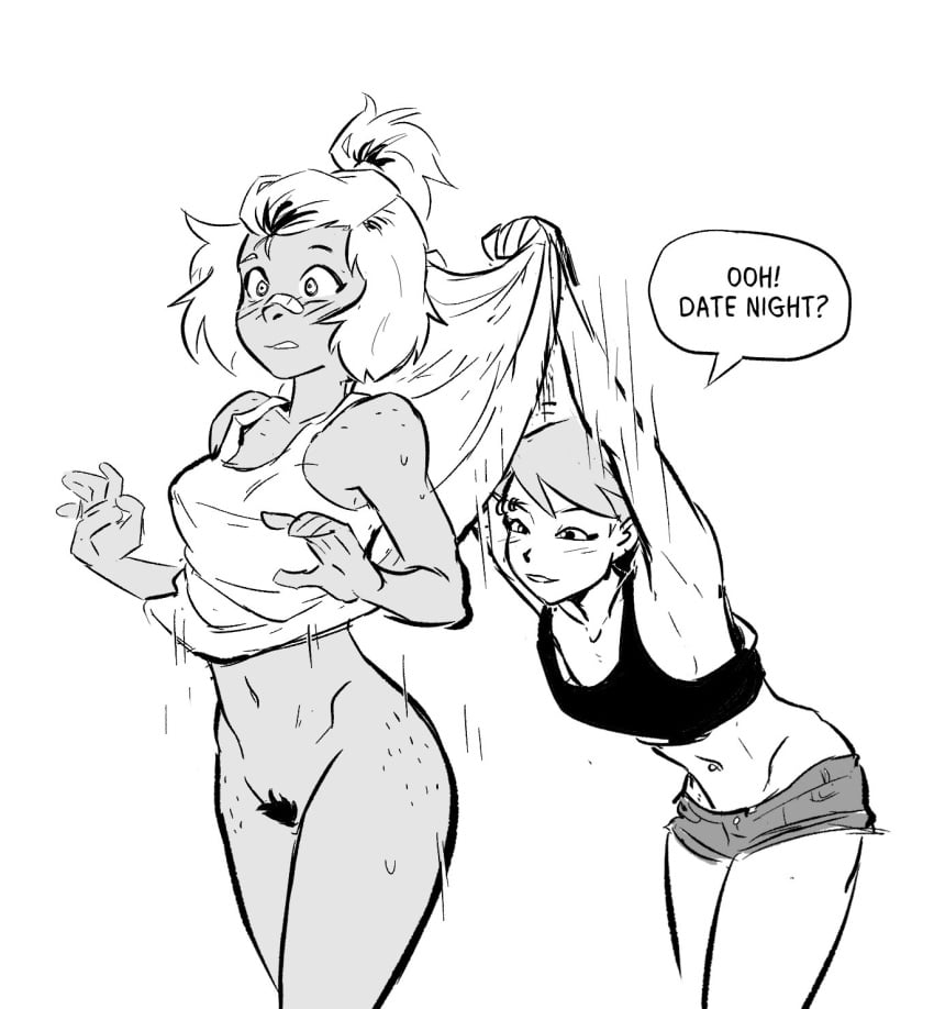 2girls assisted_exposure beck_(spicymancer) bottomless dialogue dress dress_lift female freckles freckles_on_ass freckles_on_shoulders going_commando midriff_baring_shirt multiple_girls pubic_hair shorts spicymancer