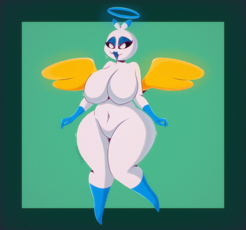 big_breasts chao_(sonic) flying halo hero_chao huge_breasts lipstick smiling sonic_(series) sonic_the_hedgehog_(series) thick_thighs vachersfw wide_hips