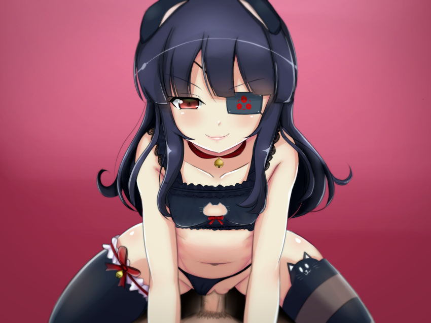 1boy absurdres bell black_hair breasts cat_cutout choker cleavage_cutout clothing_aside clothing_cutout collarbone cowgirl_position cowgirl_position drawfag eyepatch female highres lace_trim lips long_hair male_pubic_hair mirai_(senran_kagura) navel panties panties_aside penis pubic_hair red_eyes ribbon senran_kagura sex small_breasts smile straddling straight striped thighhighs uncensored underwear