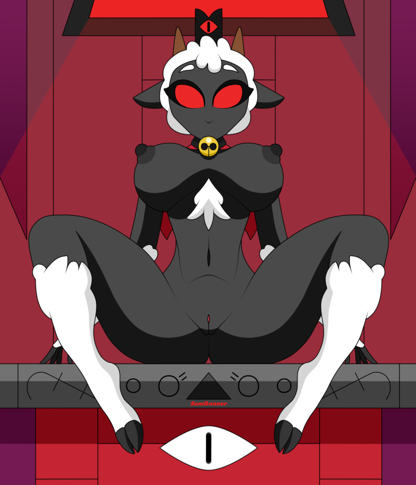 big_breasts black_body breasts clothing cult_of_the_lamb fur furry furry_breasts lamb lamb_(cult_of_the_lamb) looking_at_viewer necklace nipples nude nude_female open_legs pussy red_clothing red_crown_(cult_of_the_lamb) red_eyes samrunner sheep thick_thighs thigh_highs thighhighs white_fur