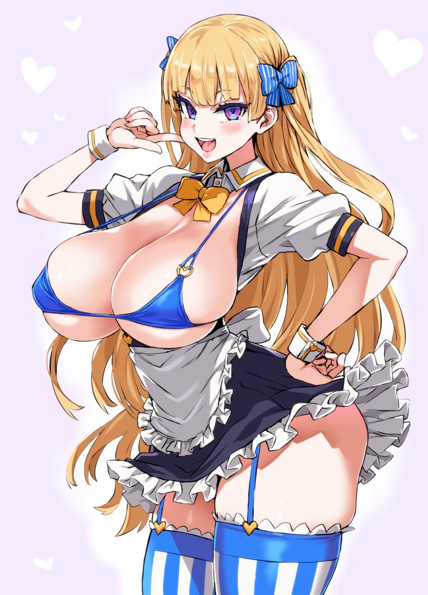 1girls 2022 asanagi bikini_top blonde_hair blue_eyes blush breasts eyebrows_visible_through_hair female female_only hand_on_hip hips huge_breasts light-skinned_female light_skin lina_bell_roll_(michihasu) long_hair original purple_eyes short_skirt skindentation skirt slim_waist smile solo thick_thighs thighhighs thighs two_tone_eyes wide_hips