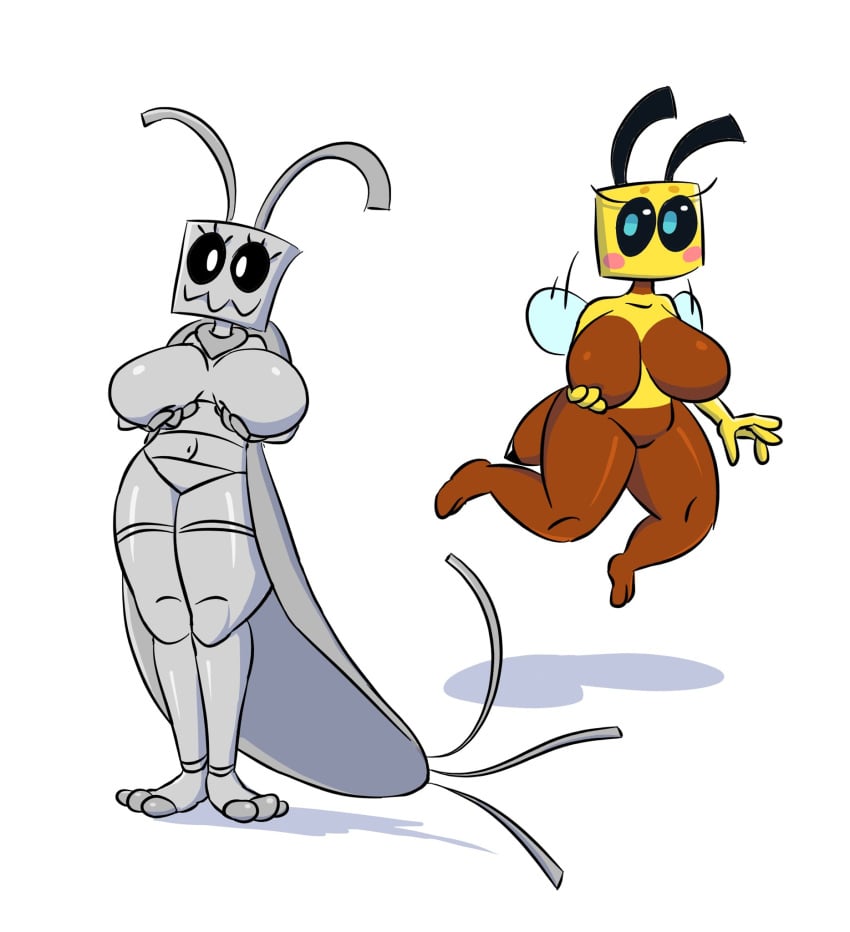 2girls 4_fingers antennae anthro bee bee_(minecraft) black_sclera blue_eyes blush breasts featureless_breasts flying grey_body hi_res holding_breast insects minecraft mouthless multicolored_body multiple_girls no_nipples sega-htf_(artist) shiny_skin silverfish_(minecraft) standing stinger white_background white_eyes wings