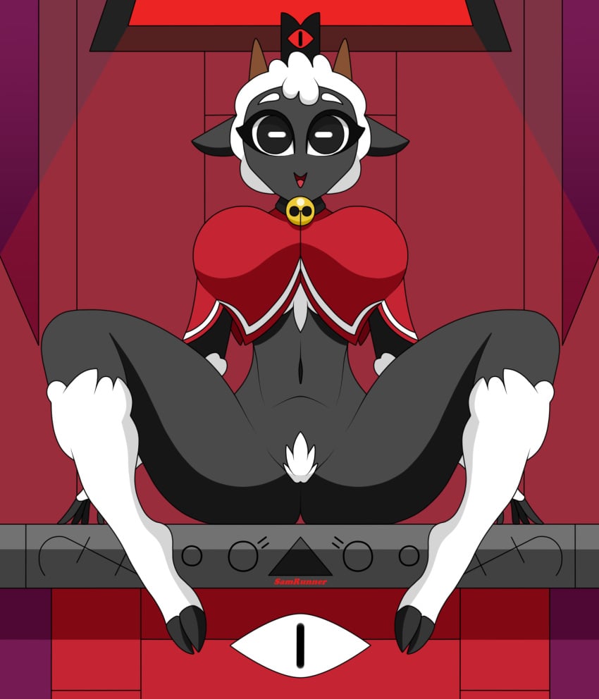 big_breasts black_body breasts clothing cult_of_the_lamb fur furry furry_breasts lamb lamb_(cult_of_the_lamb) looking_at_viewer necklace open_legs red_clothing red_crown_(cult_of_the_lamb) samrunner sheep thick_thighs thigh_highs thighhighs white_fur