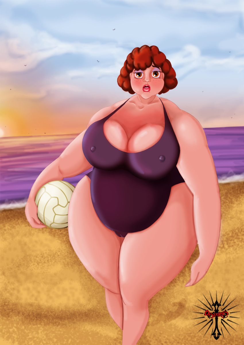 1girls artist_logo bbw beach big_belly big_breasts brown_hair cameltoe chubby chubby_female cleavage curvy curvy_female desiaries fat female female_only freckles lipstick milf ocean one-piece_swimsuit original pokies sand seagull solo summer sun sunset swimsuit thedesiaries thick thick_thighs thighs tight_clothing volleyball water