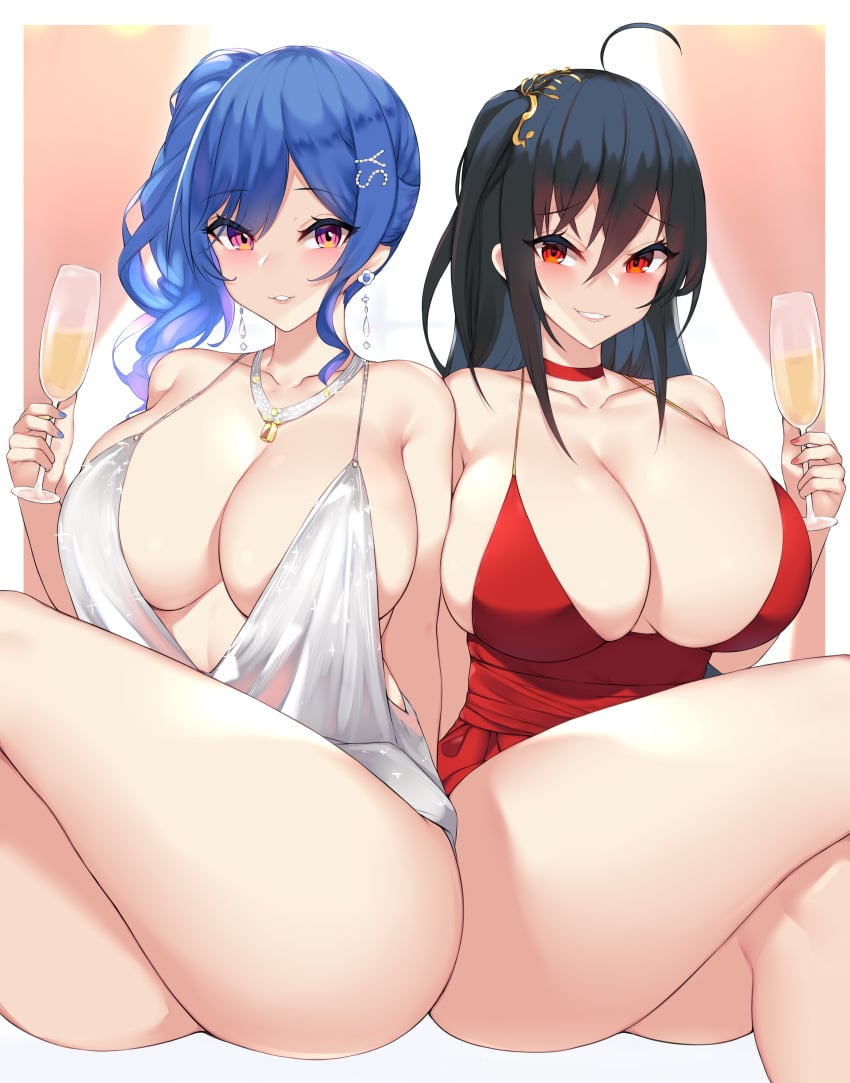 2girls absurd_res ahoge alcohol azur_lane backless_dress backless_outfit bangs bare_shoulders black_hair blue_hair blue_nails blush breasts champagne champagne_flute choker cleavage cocktail_dress collarbone crossed_legs cup curvy dress drinking_glass earrings evening_gown female female_only grey_dress grin hair_between_eyes hair_ornament hairclip halter_dress halterneck hi_res highres holding holding_cup huge_breasts jewelry kuavera looking_at_viewer multiple_girls nail_polish necklace official_alternate_costume one_side_up pink_eyes plunging_neckline red_choker red_dress red_eyes revealing_clothes side_ponytail sidelocks silver_dress sitting smile st._louis_(azur_lane) st._louis_(luxurious_wheels)_(azur_lane) taihou_(azur_lane) taihou_(forbidden_feast)_(azur_lane) thick_thighs thighs