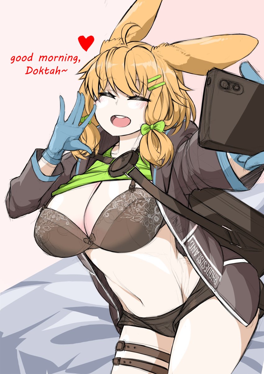 1girls arknights big_breasts black_bra black_lingerie black_underwear bow_bra bra breasts bunny_ears bunny_girl busty cellphone cleavage cowboy_shot doctor_(arknights) english_text female female_only kroos_(arknights) lace-trimmed_bra large_breasts lingerie navel open_mouth phone saltnvalk selfie sitting smile solo standing text thick_thighs thigh_strap thighs underwear voluptuous