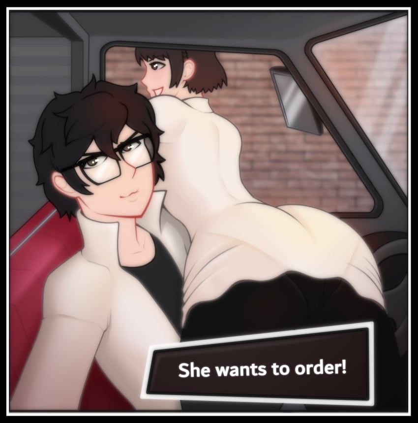 ass atlus clothed clothing female glasses he_wants_to_order in_car makoto_niijima male meme mwxxxart persona persona_5 ren_amamiya text themwxxxart