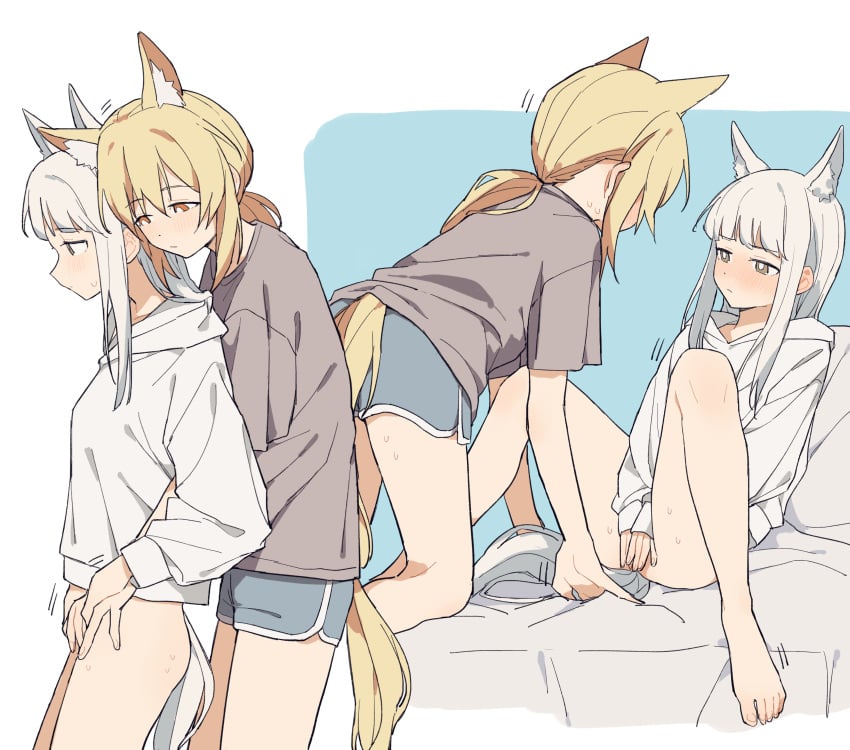 2girls all_fours alternate_costume animal_ear_fluff animal_ears arknights bangs barefoot bed_sheet blonde_hair blue_background blue_shorts blunt_bangs blush bottomless bright_pupils brown_eyes brown_shirt closed_mouth coldcat. covering covering_crotch embarrassed fingering fingering_from_behind grey_hair highres hood hood_down hoodie horse_ears horse_girl horse_tail long_hair long_sleeves looking_at_another looking_down low_twintails motion_lines multiple_girls nearl_(arknights) on_bed orange_eyes platinum_(arknights) ponytail shirt short_sleeves shorts sidelocks sitting sleeves_past_wrists spread_legs sweat sweater tail twintails two-tone_background white_background white_hair white_hoodie white_sweater yellow_eyes yuri