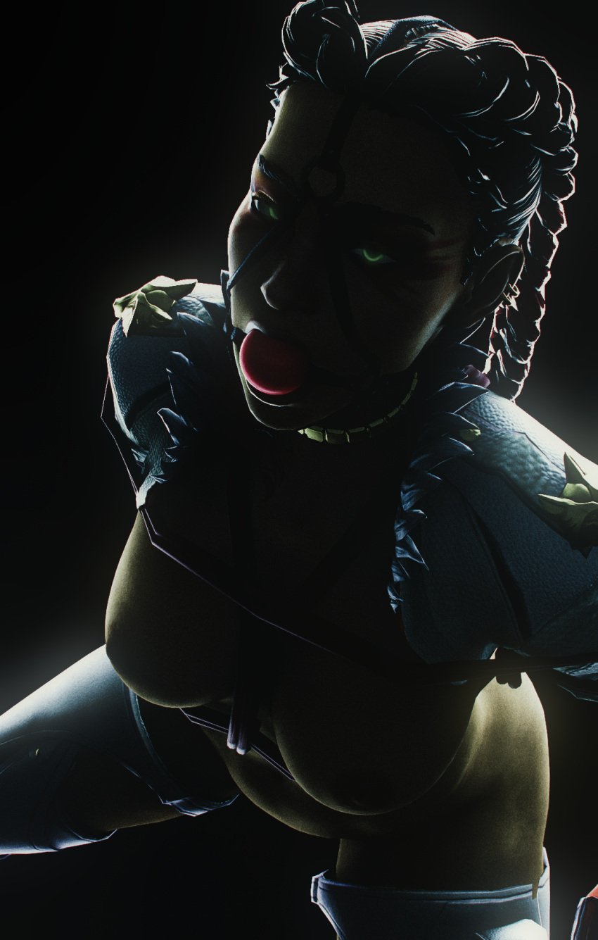 3d apex_legends ball_gag big_ass big_breasts braids breasts captured dark-skinned_female dark_skin green_eyes jaw loba_(apex_legends) sunnersy