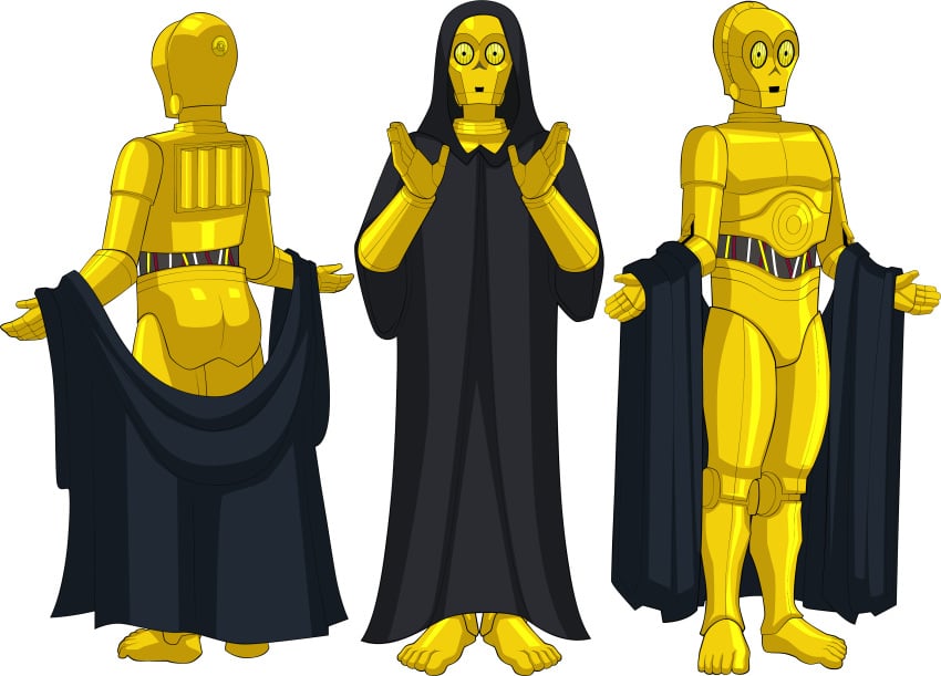 1boy 5_toes arms_up ass c-3po canon canonical_scene cloak clone_wars_(2003) feet flashing front_view full_body gold gold_(metal) gold_body hood humanoid humanoid_feet male male_only model_sheet multiple_views open_cloak open_clothes open_robe pose presenting presenting_seld protocol_droid rear_view robe robot robot_humanoid shiny simple_background solo sparksstars spread_arms standing star_wars stripping toes undressing white_background yellow_eyes