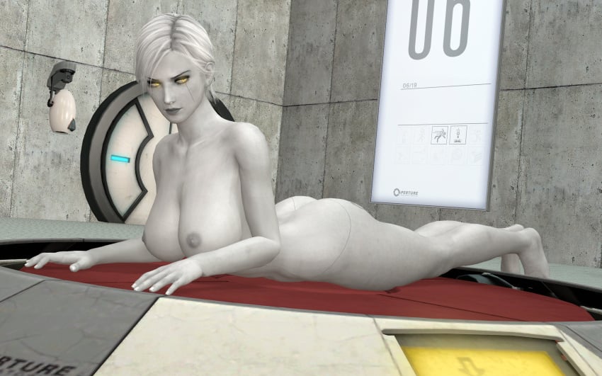 3d apertureman artificial_intelligence big_breasts child_bearing_hips christie_(doa) completely_naked completely_nude cybernetics dead_or_alive female glados gynoid hand_on_hip hi_res highres hourglass_figure humanized lips_parted lying_on_stomach naked nude nude_female portal_(series) robot robot_girl short_hair solo source_filmmaker thick_thighs thighs uncensored vagina valve_(company) white_hair wide_hips yellow_eyes