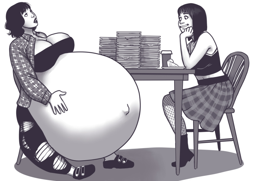 2girls belly belly_stuffing big_belly big_breasts breasts empty_plates female hand_on_belly huge_belly huge_breasts hyper_pregnancy olympic-dames plate pregnancy_cravings pregnant stuffed_belly stuffing