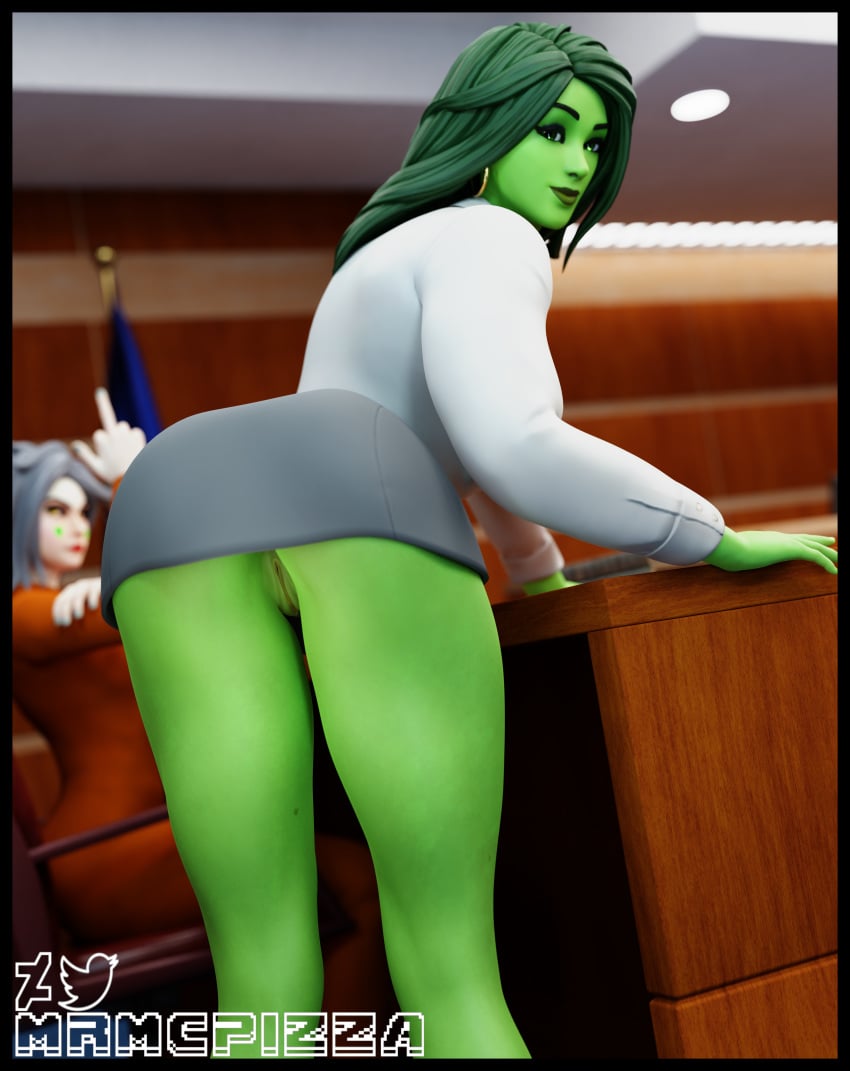 1girls 3d artist_name ass background_character bending_over bending_over_desk black_border business_attire business_suit business_woman clothed courtroom crossover earring female female_focus female_only fortnite green-skinned_female green_eyes green_hair green_skin hoop_earring hulk_(series) looking_at_viewer marvel marvel_comics middle_finger miniskirt mrmcpizza no_panties office_lady public public_exposure pussy she-hulk she-hulk_(fortnite) skirt solo thighs vagina