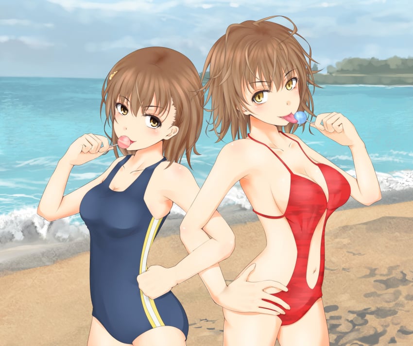 10s 2012 2girls alternate_breast_size beach breasts brown_eyes brown_hair brunette candy cleavage clone collarbone comparison female female_only hair_flower hair_ornament hairpin hi_res large_breasts licking locked_arms lollipop matching_hair/eyes medium_breasts messy_hair misaka_mikoto misaka_worst navel ocean one-piece_swimsuit outdoors shin_(highest1192) slingshot_swimsuit swimsuit teenage_girl teenager to_aru_kagaku_no_railgun to_aru_majutsu_no_index tongue water young