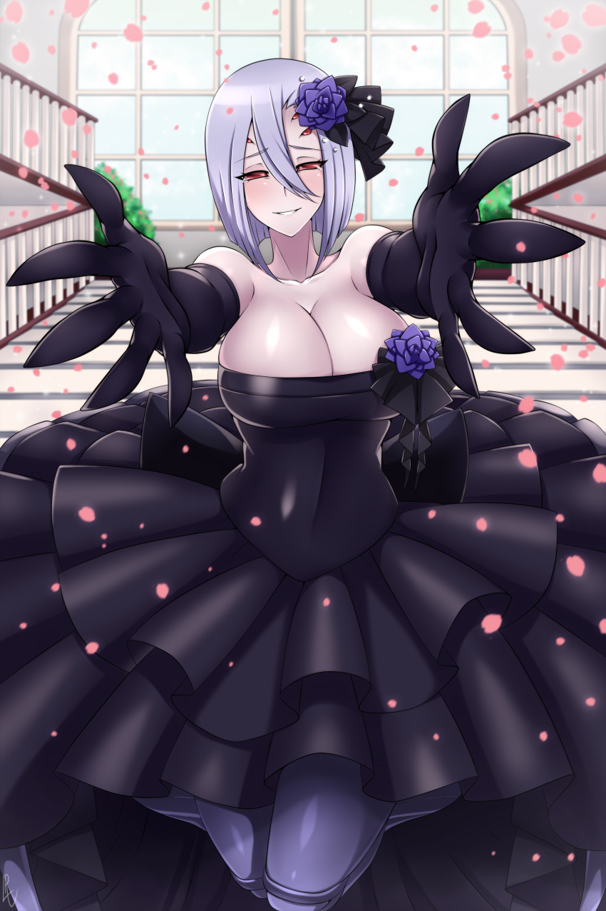 1girls arachne armwear big_breasts breasts cleavage clothed clothes clothing dress elbow_gloves female flower flower_in_hair hair lavender_hair light_hair lindaroze looking_at_viewer monster_girl monster_musume_no_iru_nichijou purple_hair rachnera_arachnera smile solo spider spider_girl